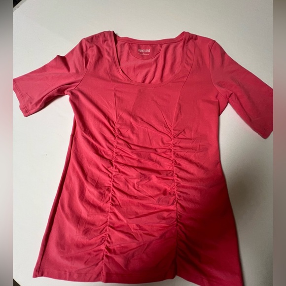 KENNETH COLE REACTION VIBRANT CORAL SHORT SLEEVE RUCHED TOP SIZE LARGE - Picture 5 of 8